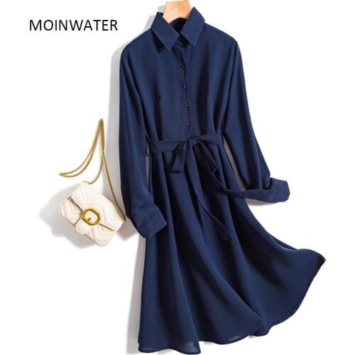 MOINWATER New 2020 Women Long Sleeve Dresses Office Lady Dark Blue Dress Female Fall Fashion Clothing MD2009