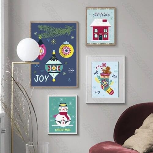 Cartoon Snowman House Landscape Poster Nordic Style Waterproof Ink Canvas Print Painting Modern Bedroom Wall Sticker