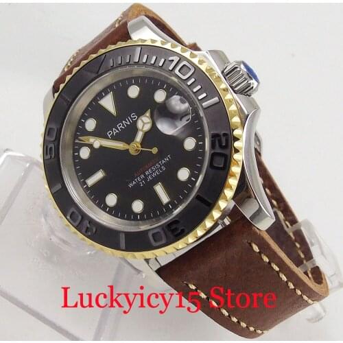 PARNIS 41mm Black Dial Auto Dial Sapphire Glass Luxury Luminous Marks Mechanical Auto Mens Watch