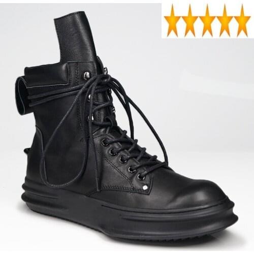 Men Casual Platform Ankle Brand Lace Up Real Leather High-Top Sneakers Winter Work Black Motorcycle Military Boots