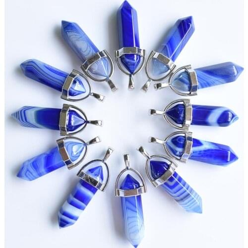 Wholesale 24pcs/lot high quality blue Stripe onyx pillar shape point Chakra charms pendants for jewelry making free shipping