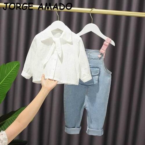 Toddler Girl Fall Clothes 2020 Girls Outfits White Bowtie Shirt+Denim Suspender Trousers 2pcs Outfits Baby Girl Clothes E20301