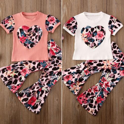 1-6 Years Toddler Kids Baby Girls Outfits Valentine Day Leopard Print Clothes Tops T-Shirt Flare Flower Pants Girls Clothing Set