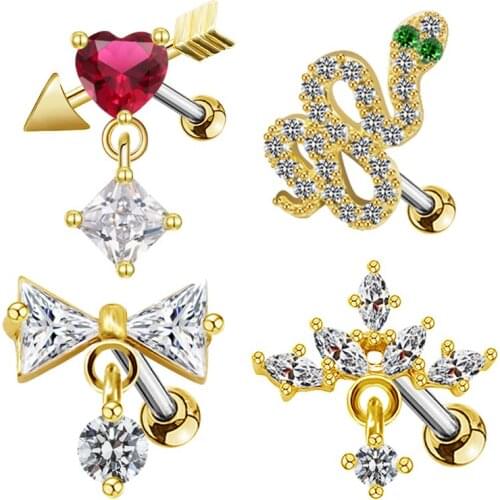 Body Piercing Jewelry sexy snake stainless steel cartilage earrings heart diamond earrings bow women Ear Piercing New Design