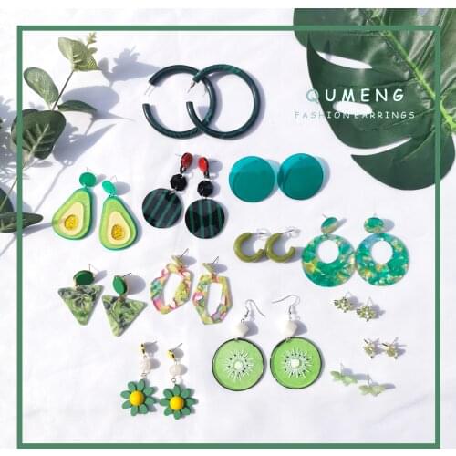 QUMENG Korean New Design Vintage Green Color Geometric Acrylic Round Square Long Drop Earrings for Women Girl Fashion Gifts