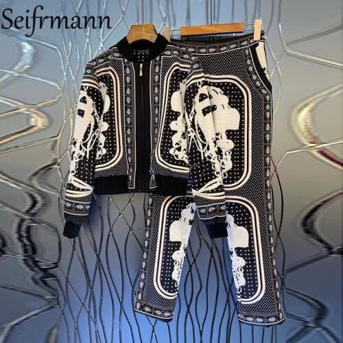 Seifrmann New 2021 Autumn Women Fashion Designer Pants Set Lantern Sleeve Coat + High Waist Vintage Printed Long Pants Suits