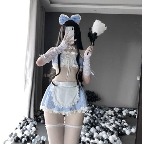 Sexy Lingerie Anime Cinderella Lolita Maid Cosplay Costume Kawaii Blue Erotic Outfit Pleated Lace Underwear Girl Dress For Woman