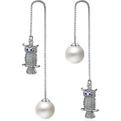 925 sterling silver Animal Owl Drop Earrings for Women Girls Pearls Long Dangle Earring Party Birthday Bijoux