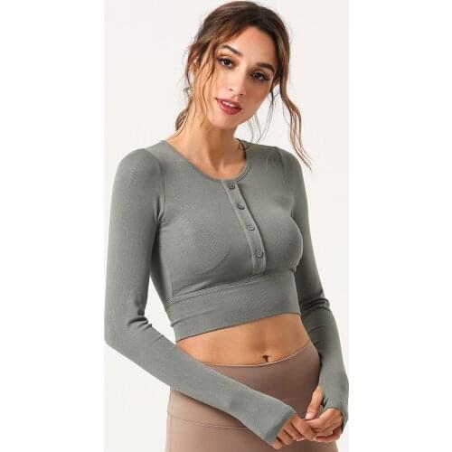 Style Fitness Top Womens Buttons Fast Dry Long Sleeve Casual Sports Running Yoga Exercise Elasticity T-shir t With Chest Pad