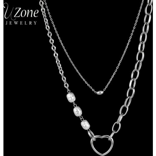 UZone Romantic Pearl Peach Heart Pendant Stainless Steel Double-Layer Chain Womans Necklace Girls Jewelry for Party Anniversary