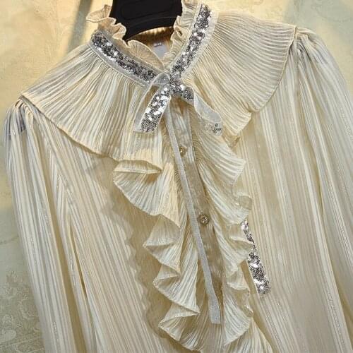 Spring Runway Fashion 2021 Elegant Flare Long Sleeve Ruffles Bow Sequined Pleated Office Party Holiday Blouse