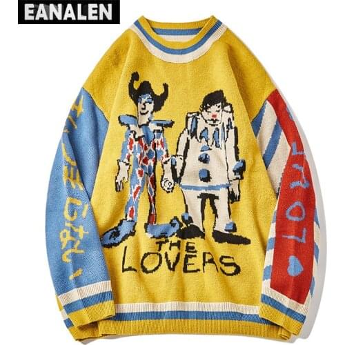 Harajuku vintage yellow sweater men oversized fashion colorblock clown knitted pullover women jumper grandpa ugly sweater