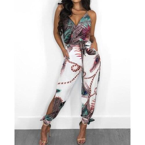 Thorn Tree Summer Women Casual Sleeveless V-neck Jumpsuit 2021 Ladies Boho Floral Bodysuit Loose Long Side Split Pants Plus Size