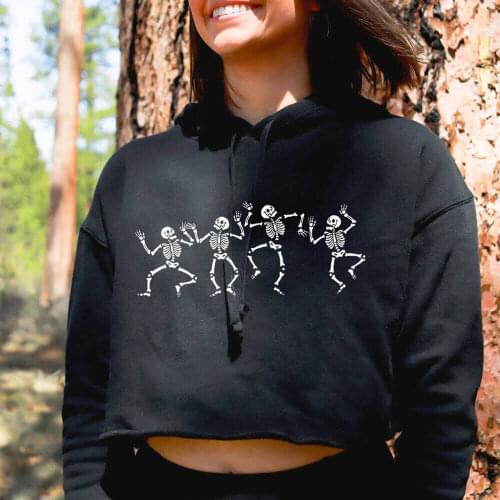 Dancing Skeleton 100%Cotton Funny Printed Sexy Crop Top Hoodies Spring Womens Casual Solid Pullover Long Sleeve Hooded Tops