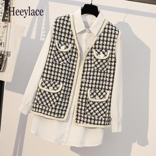 2021 Autumn Plus Size Women Office Prom Suit White Shirt Top And Plaid Tweed Jacket Vest Coat Two Piece Set Clothing Outfits