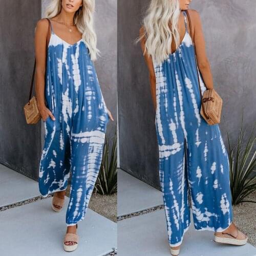 Women Casual Sleeveless Spaghetti Straps Tie Dye Backless Loose Jumpsuit Overall V-Neck Tie-Dye Printed Casual Loose Jumpsuit