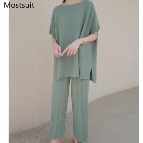 Vintage Solid Knitted Two Piece Pants Set Women Batwing Sleeve Tops + Wide Leg Pants Matching Set Korean Ladies 2 Piece Set 2021