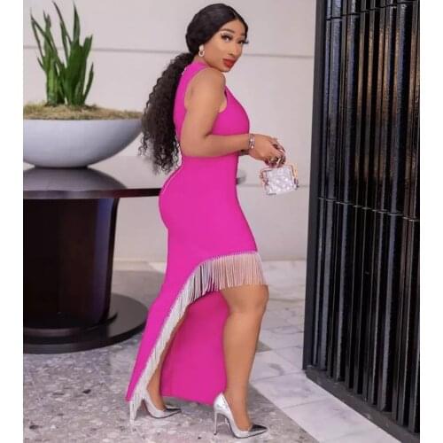 Winter Fashion Sexy Sleeveless Tassel Diamonds Hot Pink Long Bodycon Bandage Dress 2021 Elegant Evening Party Dress Vestidos