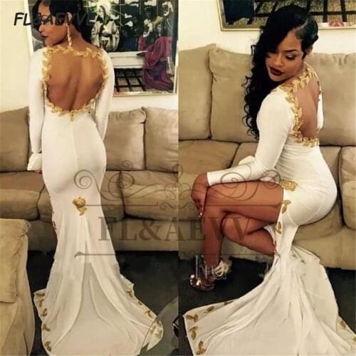 2021 White Evening Dress Mermaid Backless Long Sleeves Floor Length Elastic Satin Evening Prom Party Gowns