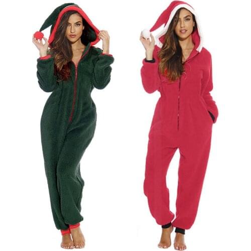 2021 New Style Women´s Xmas Pajama Long Sleeve Plush Jumpsuit Winter Warm Romper Sleepwear Christmas Loungewear Hoodie S-XXL