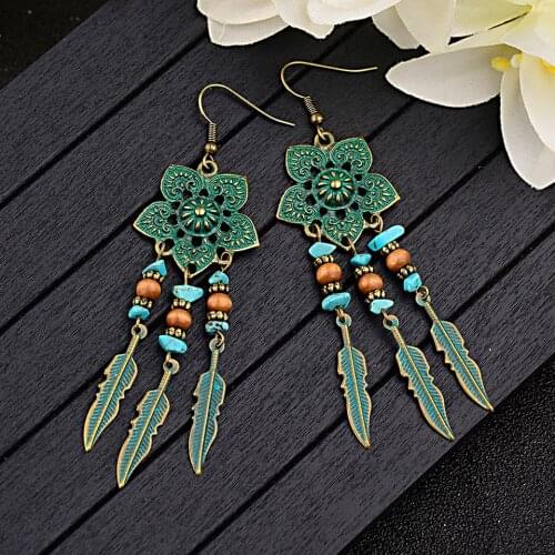 Antique Green Flower Boho India Ethnic Dangle Drop Earrings for Women Female 2018 Wedding Engagement Earrings Jewelry Accessory