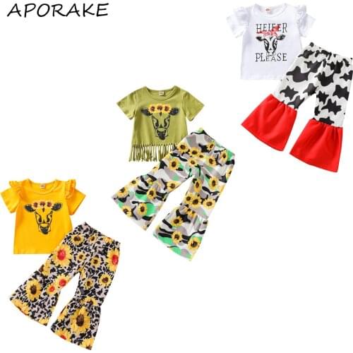 2021 0-5Y Casual Kids Baby Girl Clothes Set Cow Print Tassels Short Sleeve T-shirt+Sunflower Print Flare Pants Summer 2pcs