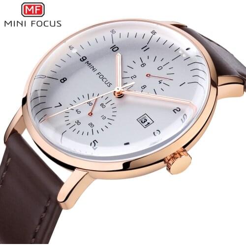 MINI FOCUS Fashion Watch For Men Quartz Clock Brown Genuine Leather Strap Auto Date Display Business Classic Wrist Watches