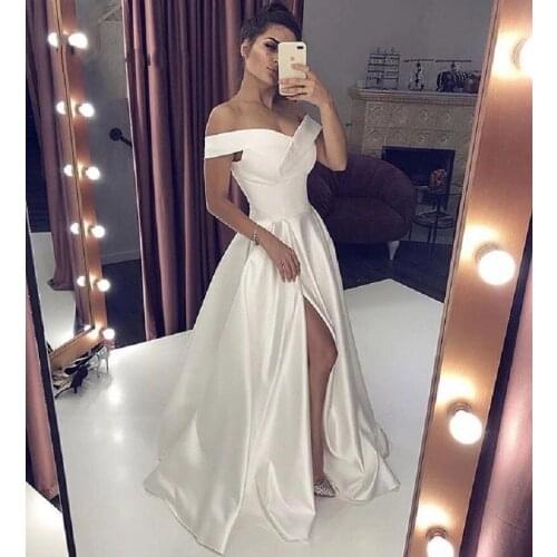 Elegant Boat Neck Off The Shoulder Sleeveless A-Line Side Slit High Quality Satin Evening Dresses Simple Style Women Prom Gowns