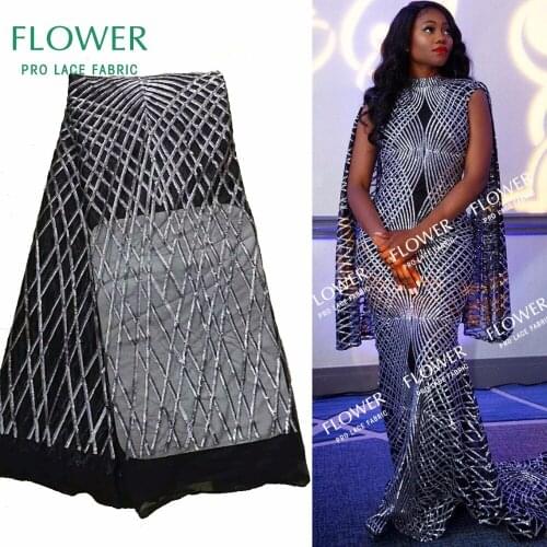 French Indian Silver Sequins Net Lace Fabric Sequined Embroidery Tulle Mesh Lace Tissu 2017 Women Evening Dresses Design Fabrics