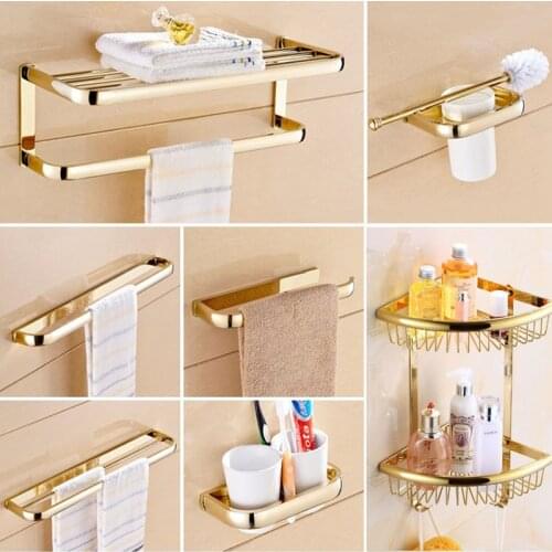 Brass Gold Bathroom Hardware Set Double Layer Bath Towel Rack Toilet Room Storage Rack Bathroom Accessories Set