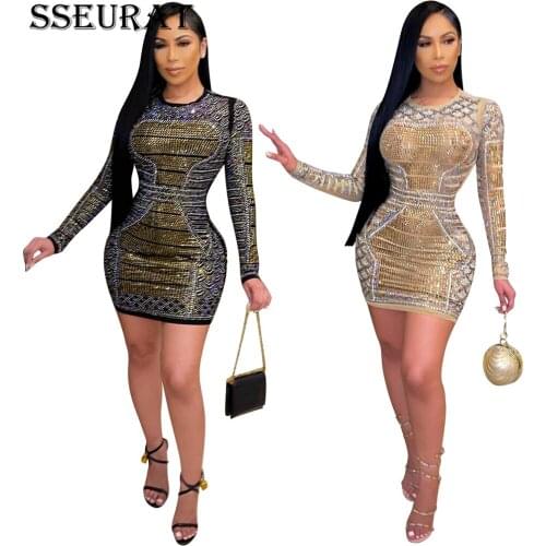 SSEURAT Mini Dress Sequined Tight Sexy Night Club Party Dresses Full Sleeve Bodycon Women Summer Sheath Dress