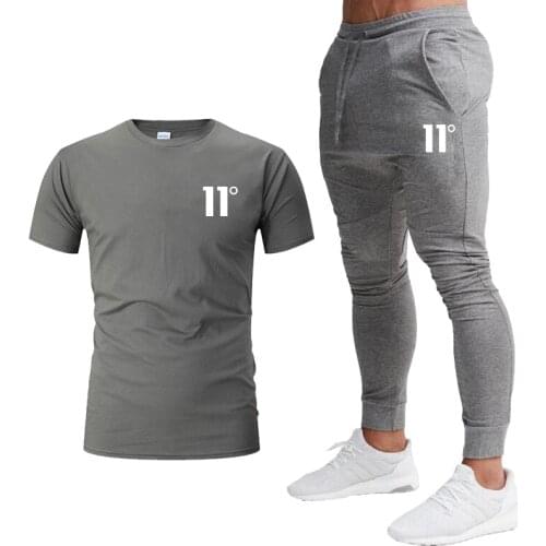 11 Degree Printing Mens Sportswear Mens T-shirt + Trousers Mens 2-piece Jogging Short-sleeved Mens Casual Cotton T-shirt