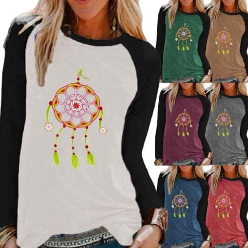 Autumn Fashion Ladies Casual Long Sleeve Shirt Drreamcacther Print Round Neck Loose T-shirt Women Pullover Sweatshirt Plus Size