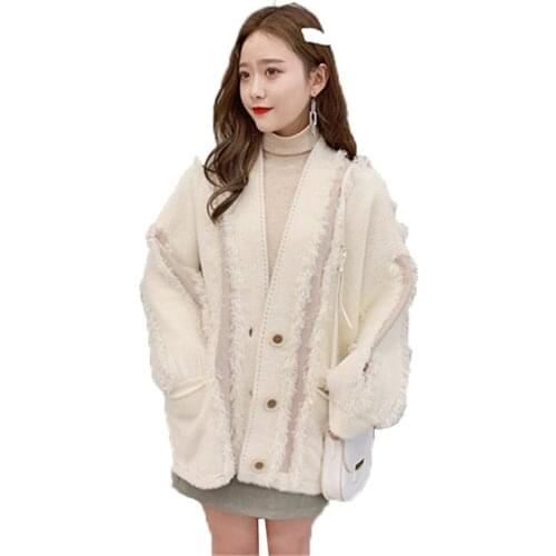 Faux Mink Nelvet Coat Womens Autumn winter Knitted Cardigan Coat Long Sleeve Single-breasted Tassel Loose Coat Outwear 2020 K35