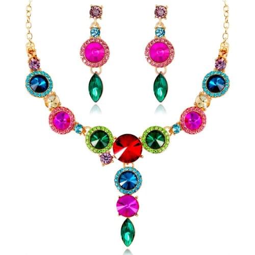 Luxury Gold Necklace Drop Dangle Earrings Green Red White Colorful Blue Jewelry Set for Women
