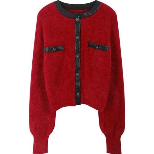 Luxury designer brand knitted sweater chic ladies retro O-neck contrast color loose high-quality knitted cardigan sweater