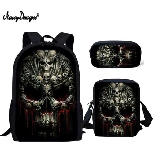 NOISYDESIGNS Cool Skull Printing School Bags for Teen Boys Girls 3pcs School Bag Set Children Shoulder Bookbag Student Backpack