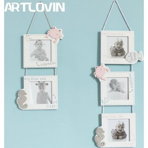 Modern Cute Triple Wall-Mounted Wooden Photo Frame For Baby Picture Exquisite Creative Wall Decoration Seahorse Frog Ornaments