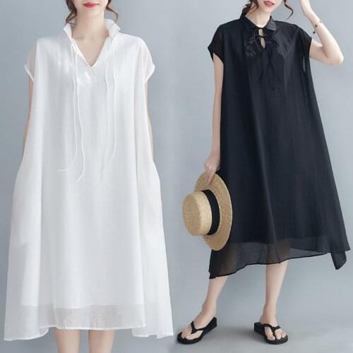 Korea Style Sleeveless Thin Soft Loose Blouse Dress Solid Color Black White Chiffon Fashion Women Casual Dress Beach Style Dress