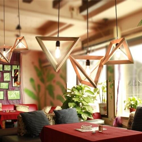 Triangle Oak Pendant Light Art Decorative Wooden Hanging Lamp LED E27 Europe Style Restaurant Cafe Foyer Modern Lights Fixture