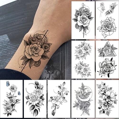 Waterproof Temporary Tattoo Sticker Ladies Tatto Sunflower Rose Flower Dot Line Flash Tatoo Thigh Arm Leg Men Children Tattoos