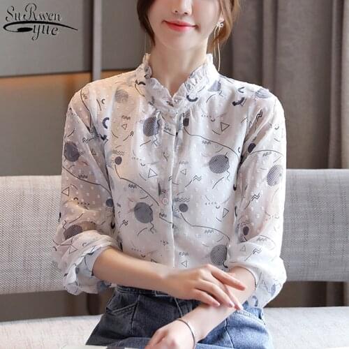OL Floral Chiffon Blouses Women 2021 Autumn New Korean All-match Long Sleeve Shirt Stand Collar Printed Womans Shirts 10742