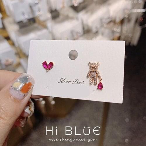 SHIFEEL New 925 Silver Pin Korean Rhinestone Little Bear Heart-shaped Stud Earrings Simple Personality Pendients Women Jewelry