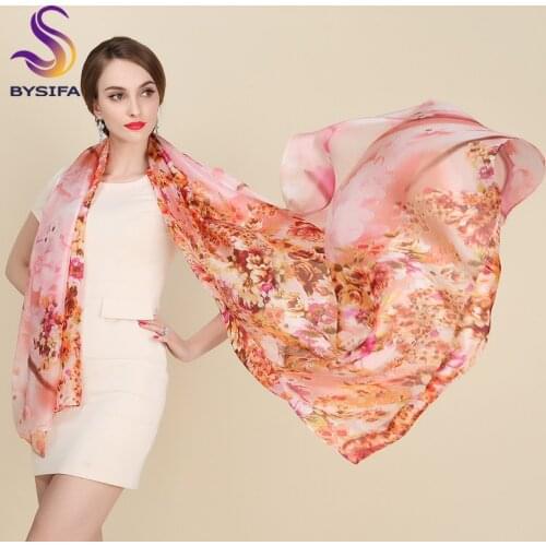 [BYSIFA] Winter Women Long Scarves 2016 New Floral Pattern Pink Pure Silk Scarf 200*110cm 100% Silk Summer Beach Scarves Shawl