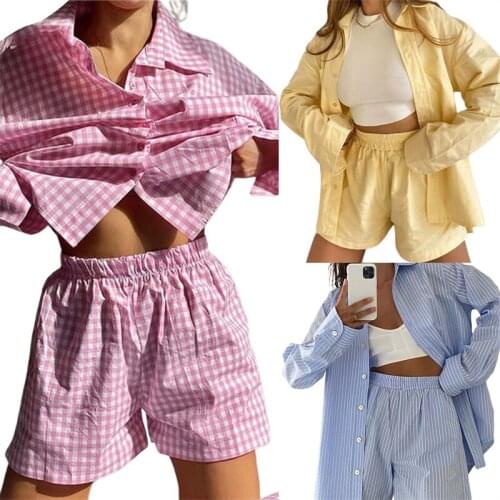 Thorn Tree 2021 Women 2 Pieces Set Female Striped Plaid Turn-Down Collar Long Sleeve Shirts High Waist Short Pants Tracksuits