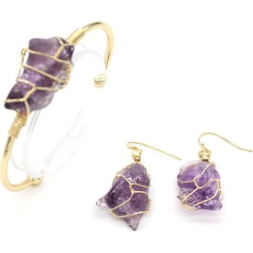 100-Unique Light Yellow Gold Color Irregular Shape Amethysts Stone Bangle Blue Crystal Earrings Wire Wrap Jewelry Set