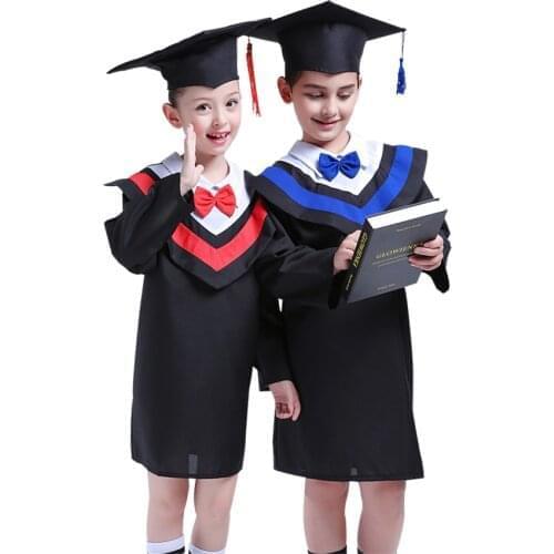 110-160cm Children Academic Graduation Costumes Gown Students Bachelor School Uniforms Kids Bow Class Team Wear Robe with Cap