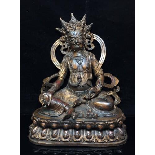 16" Tibet Buddhism Old Bronze Cinnabars Yellow God of Wealth Buddha Statue Zang La Sebo Esoteric Guardian Enshrine the Buddha