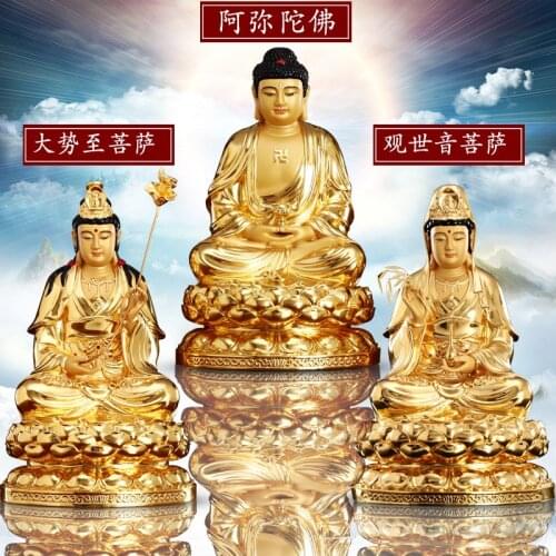 3PCS High grade XI FANG SAN SHENG gilding Buddha statue Amitabha Guanyin Mahasthamaprapta HOME shrine Efficacious protection