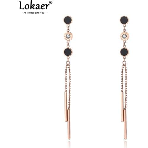 Lokaer Stainless Steel 3Pcs Disc Roman Numerals Dangle Tassel Earrings For Women Girls Crystal & Acrylic Earrings Jewelry E19206